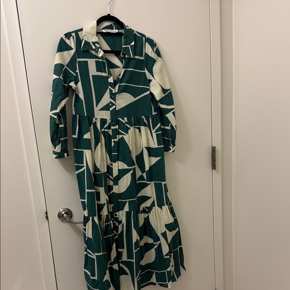 Zara Teal and Cream Abstract Long Sleeve Dress
